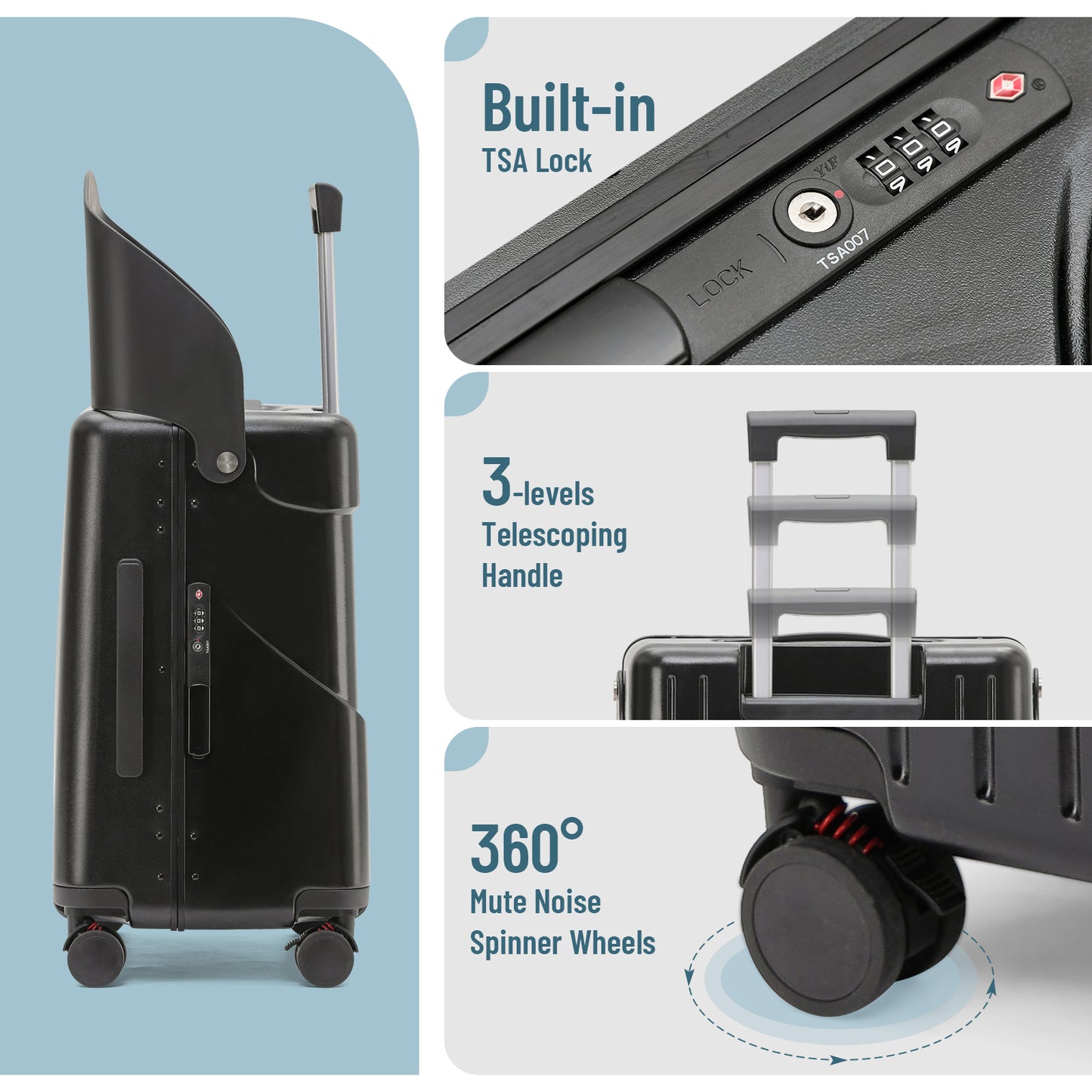 22'' Luggage with Seat for Kids Adults Travel, Hardside Suitcase with 360° Locking Wheels, TSA Lock, Seat Belts & Bag Hook