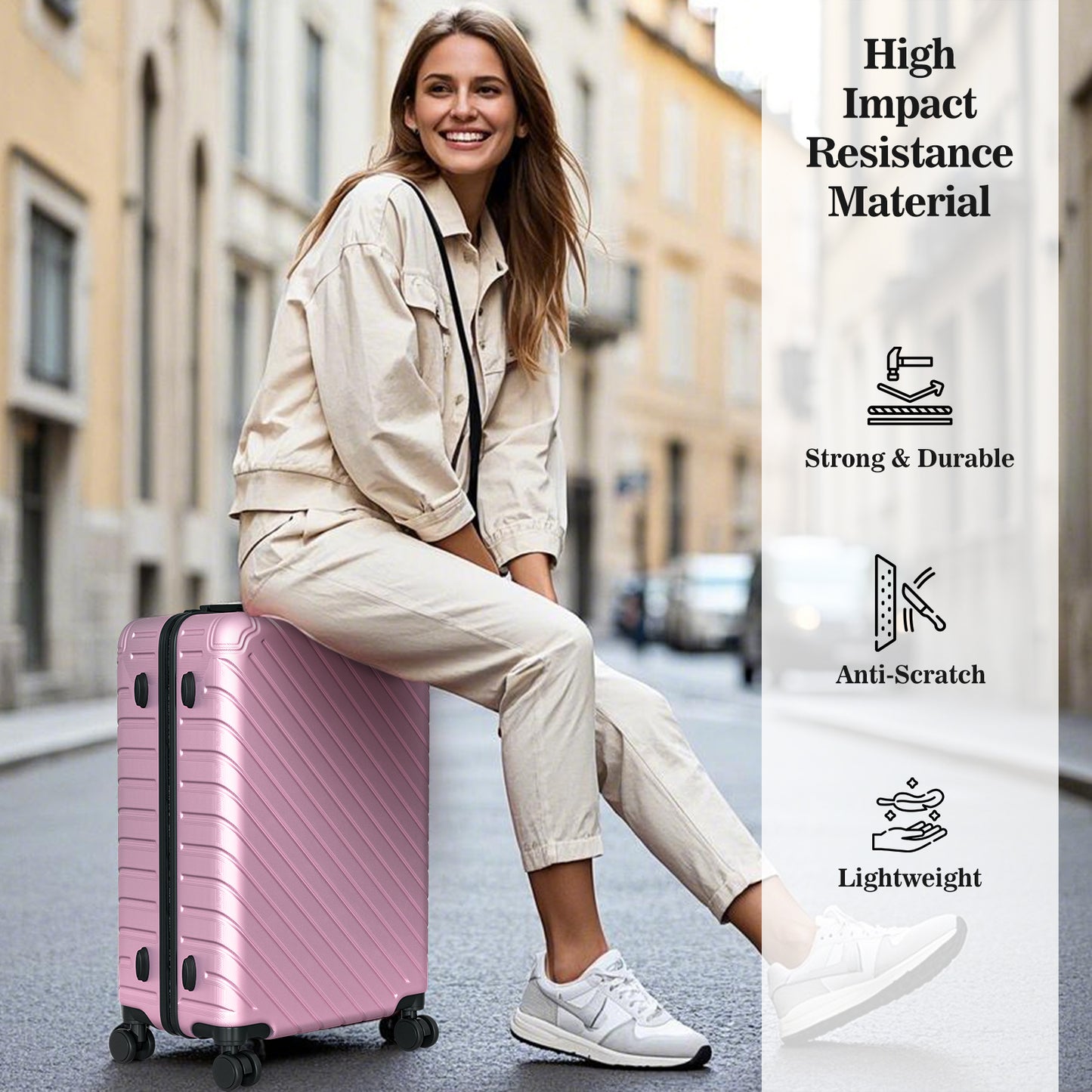 4 Piece Luggage Sets Lightweight Waterproof with 360° Silent Wheels 3 Level Telescopic Handles Hardside Spinner Suitcases Free Covers & Hangers