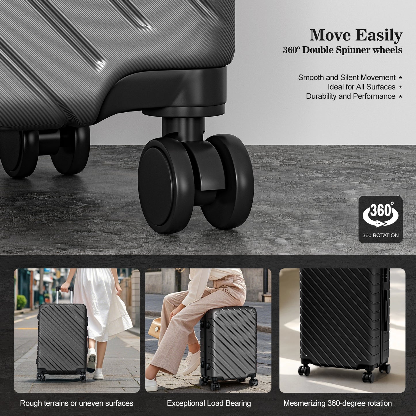 4 Piece Luggage Sets Lightweight Waterproof with 360° Silent Wheels 3 Level Telescopic Handles Hardside Spinner Suitcases Free Covers & Hangers