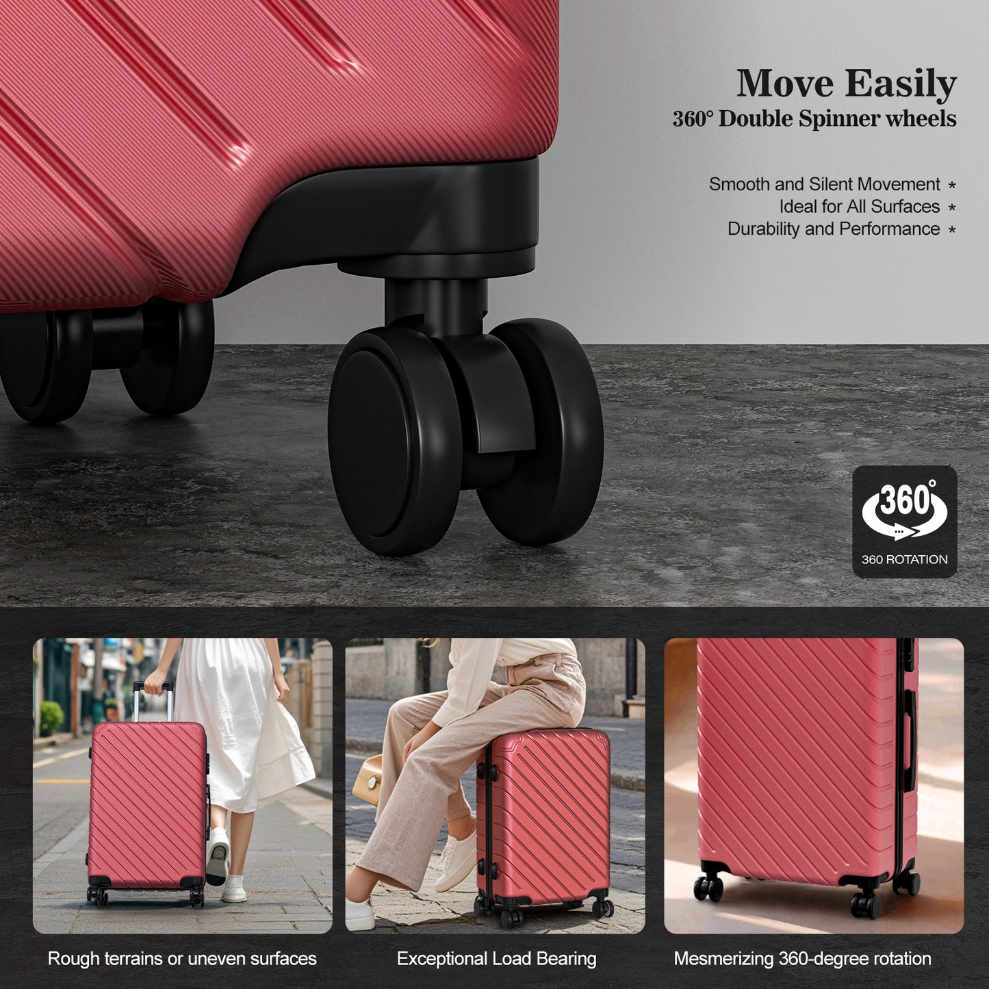 4 Piece Luggage Sets Lightweight Waterproof with 360° Silent Wheels 3 Level Telescopic Handles Hardside Spinner Suitcases Free Covers & Hangers