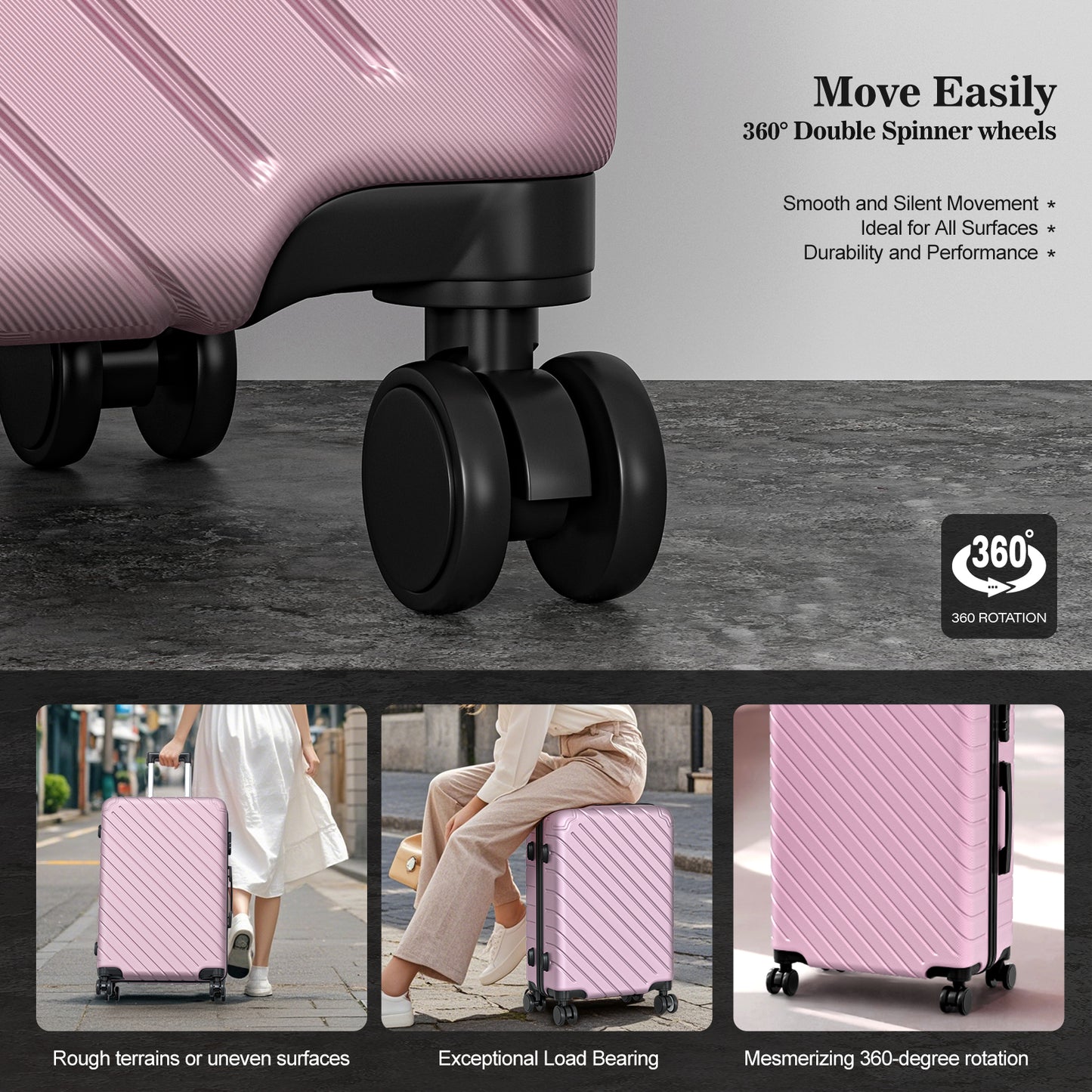 4 Piece Luggage Sets Lightweight Waterproof with 360° Silent Wheels 3 Level Telescopic Handles Hardside Spinner Suitcases Free Covers & Hangers