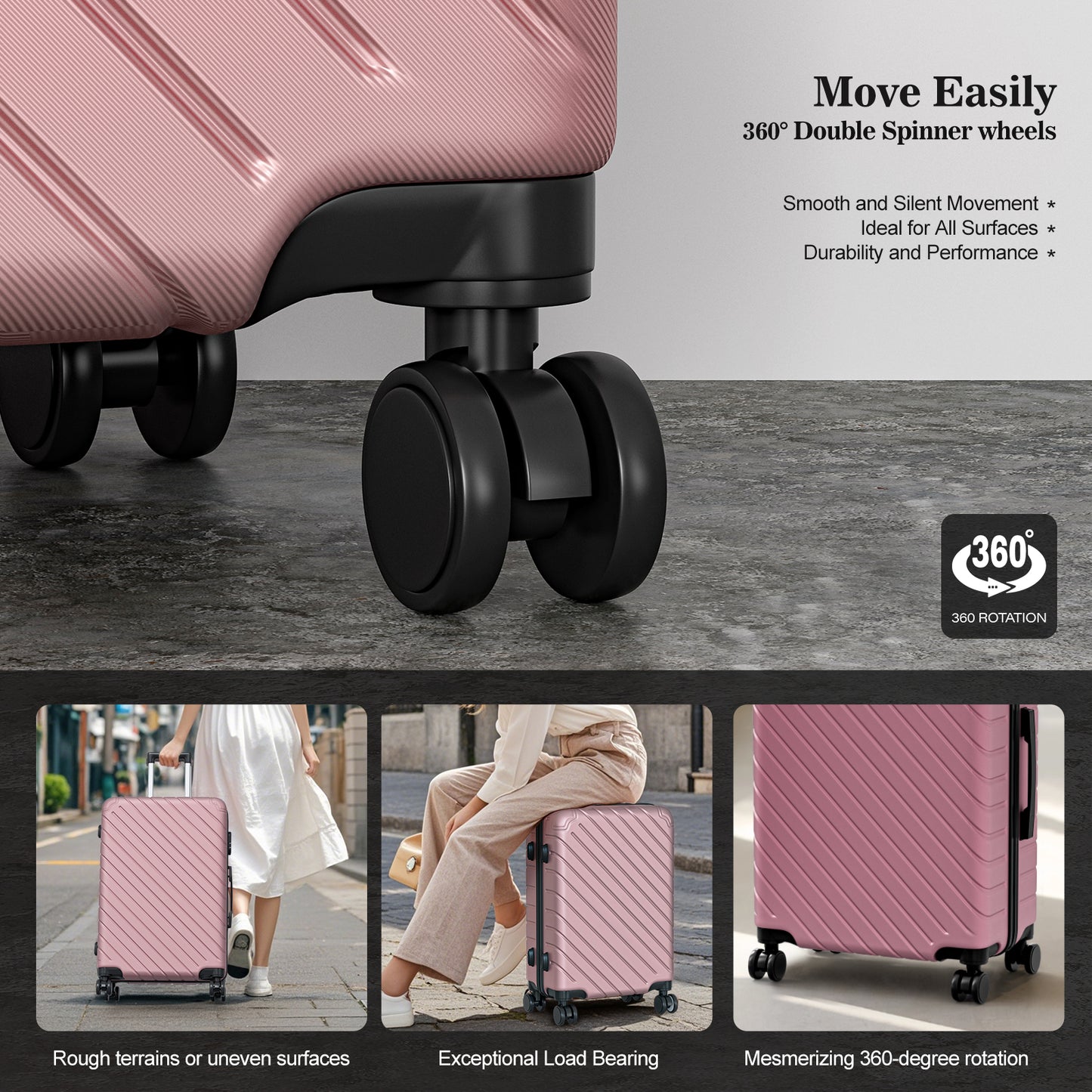 4 Piece Luggage Sets Lightweight Waterproof with 360° Silent Wheels 3 Level Telescopic Handles Hardside Spinner Suitcases Free Covers & Hangers