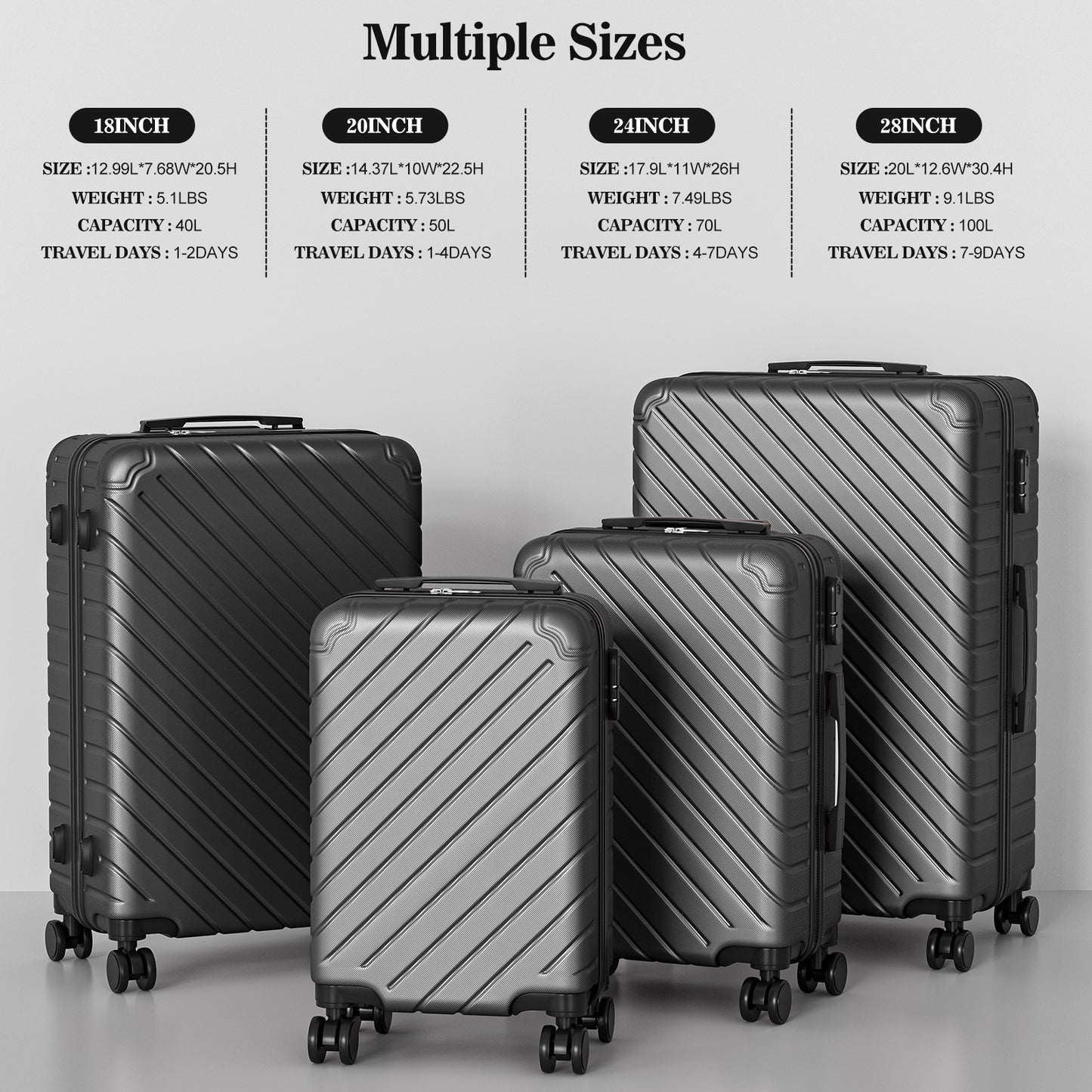 4 Piece Luggage Sets Lightweight Waterproof with 360° Silent Wheels 3 Level Telescopic Handles Hardside Spinner Suitcases Free Covers & Hangers