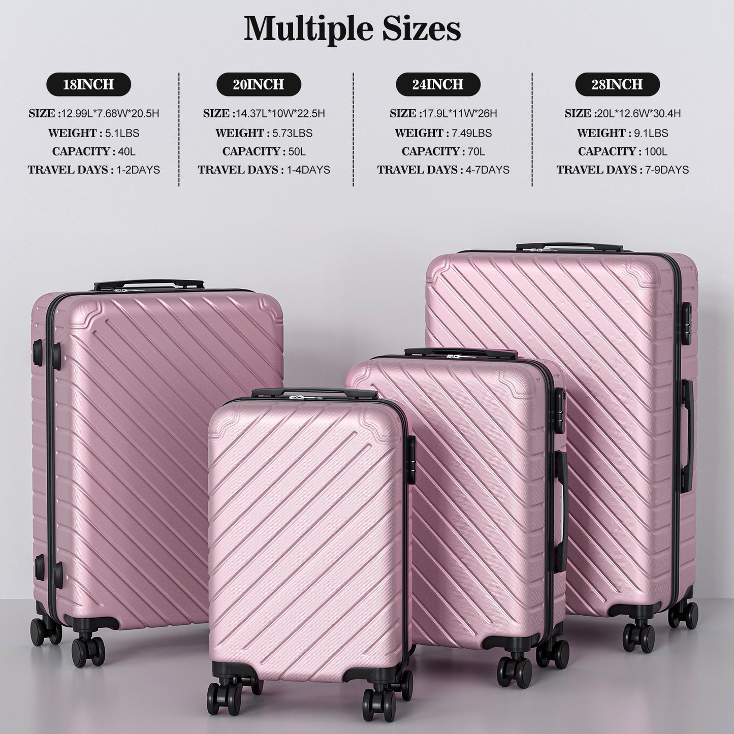 4 Piece Luggage Sets Lightweight Waterproof with 360° Silent Wheels 3 Level Telescopic Handles Hardside Spinner Suitcases Free Covers & Hangers