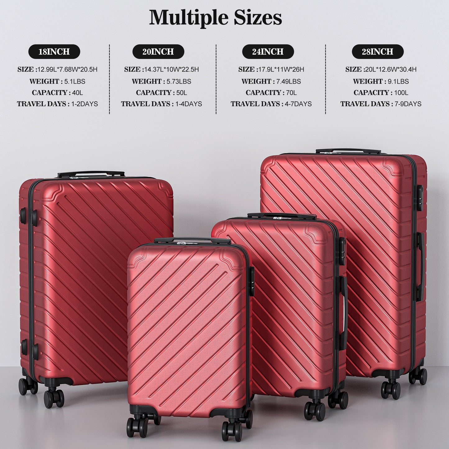 4 Piece Luggage Sets Lightweight Waterproof with 360° Silent Wheels 3 Level Telescopic Handles Hardside Spinner Suitcases Free Covers & Hangers