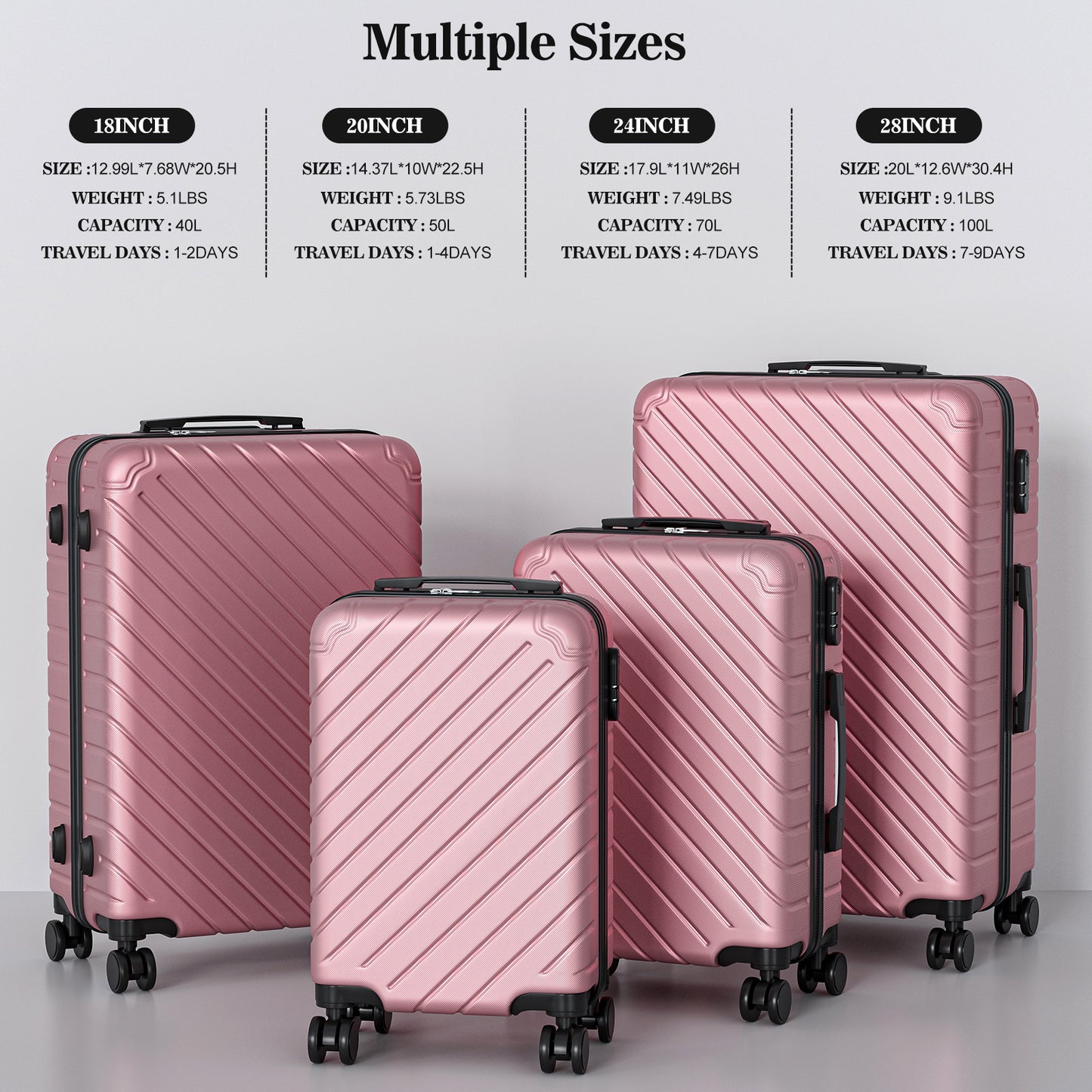 4 Piece Luggage Sets Lightweight Waterproof with 360° Silent Wheels 3 Level Telescopic Handles Hardside Spinner Suitcases Free Covers & Hangers