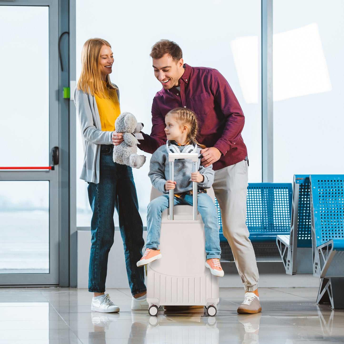 22'' Luggage with Seat for Kids Adults Travel, Hardside Suitcase with 360° Locking Wheels, TSA Lock, Seat Belts & Bag Hook