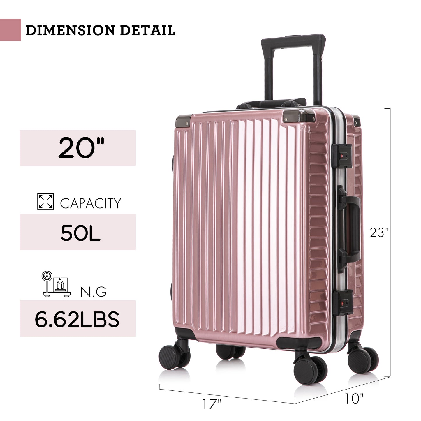 20 inch PC material imitation aluminum vertical stripe double wheel suitcase with password lock