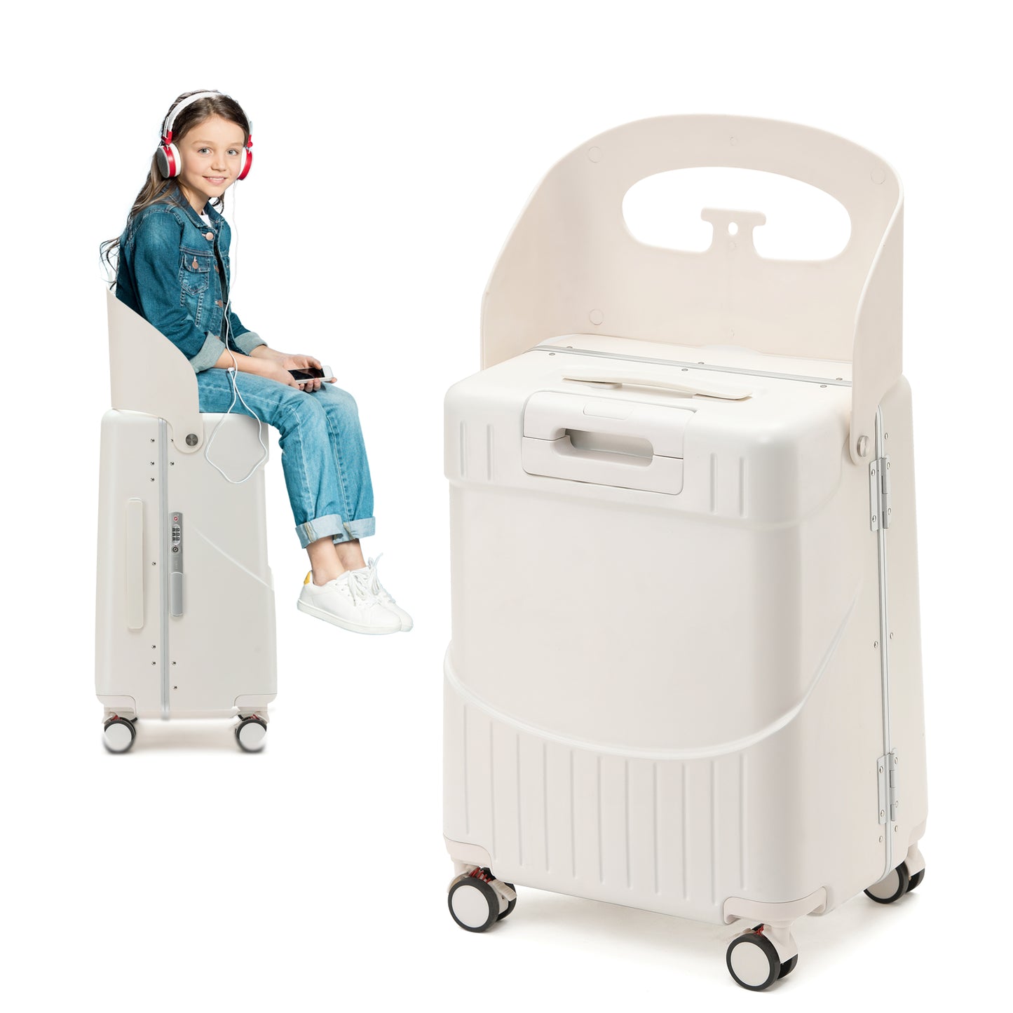 22'' Luggage with Seat for Kids Adults Travel, Hardside Suitcase with 360° Locking Wheels, TSA Lock, Seat Belts & Bag Hook