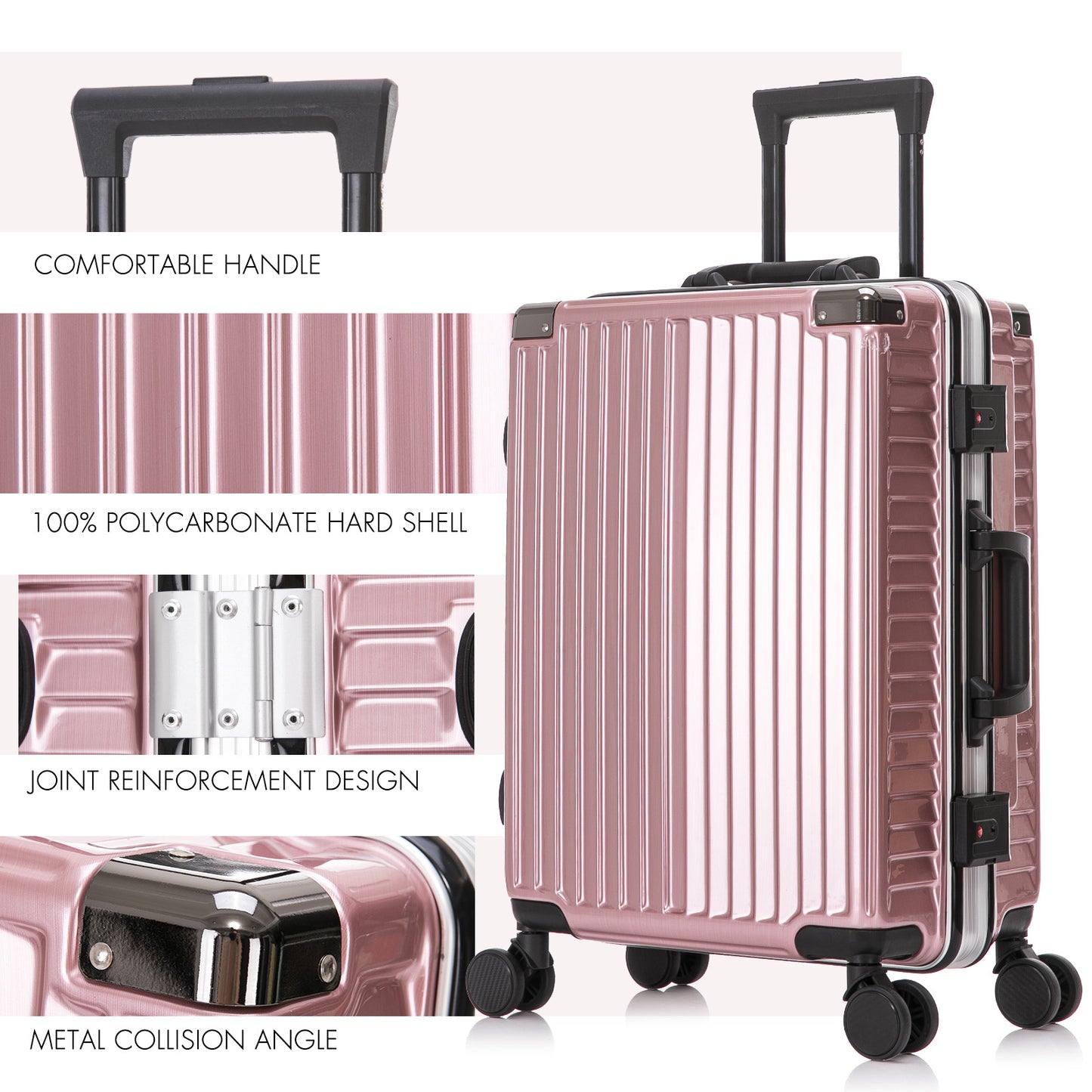 20 inch PC material imitation aluminum vertical stripe double wheel suitcase with password lock