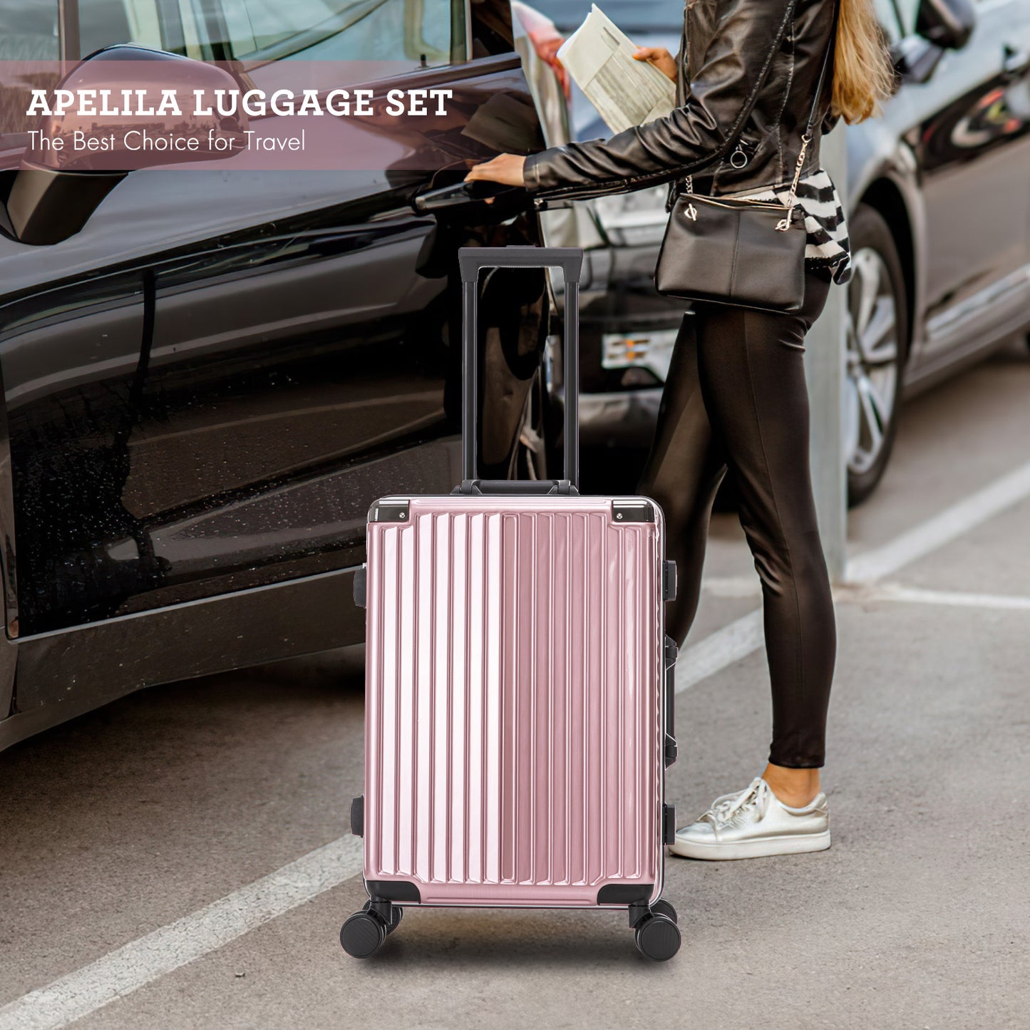 20 inch PC material imitation aluminum vertical stripe double wheel suitcase with password lock